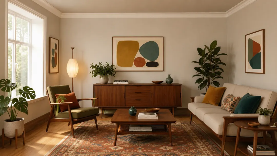 Salon po wirtualnym meblowaniu w stylu retro – sofa, komoda i dywan