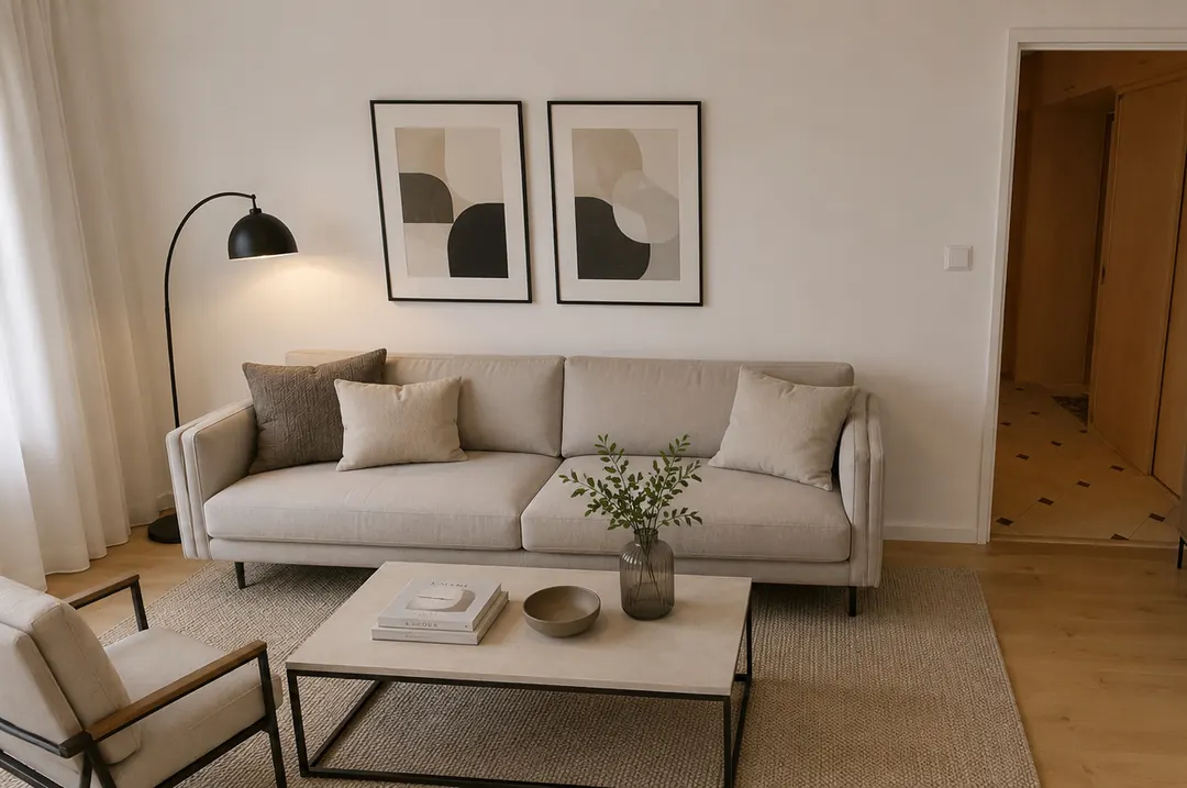 Pokój dzienny po wirtualnym meblowaniu – sofa, stolik kawowy i obrazy