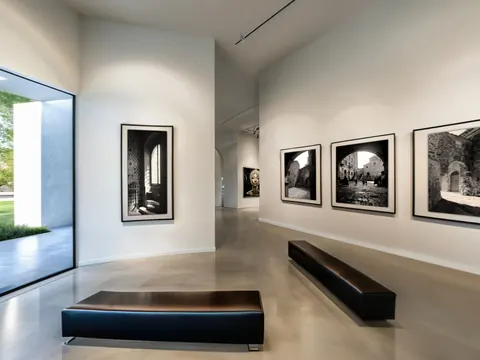 Wnętrze wirtualnej galerii sztuki z fotografiami na ścianach